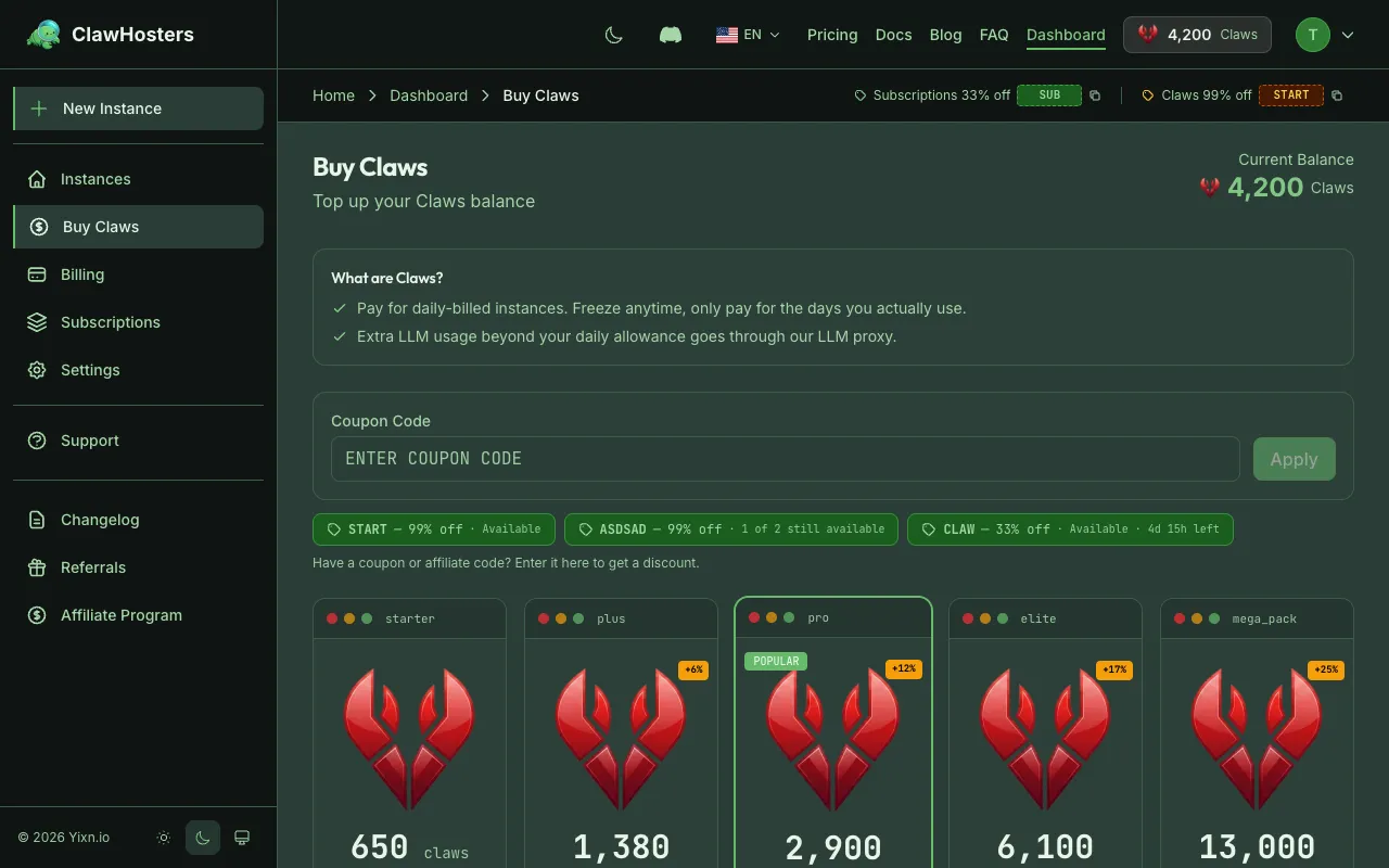 Buy Claws Page with Available Packages