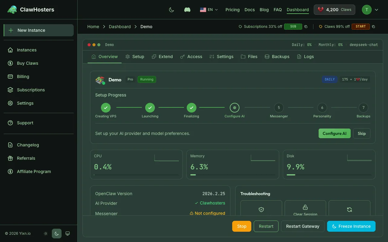 Instance Overview with Setup Progress