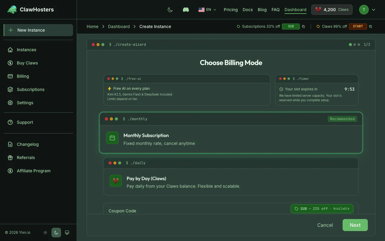Instance Creation Wizard - Billing Mode Selection
