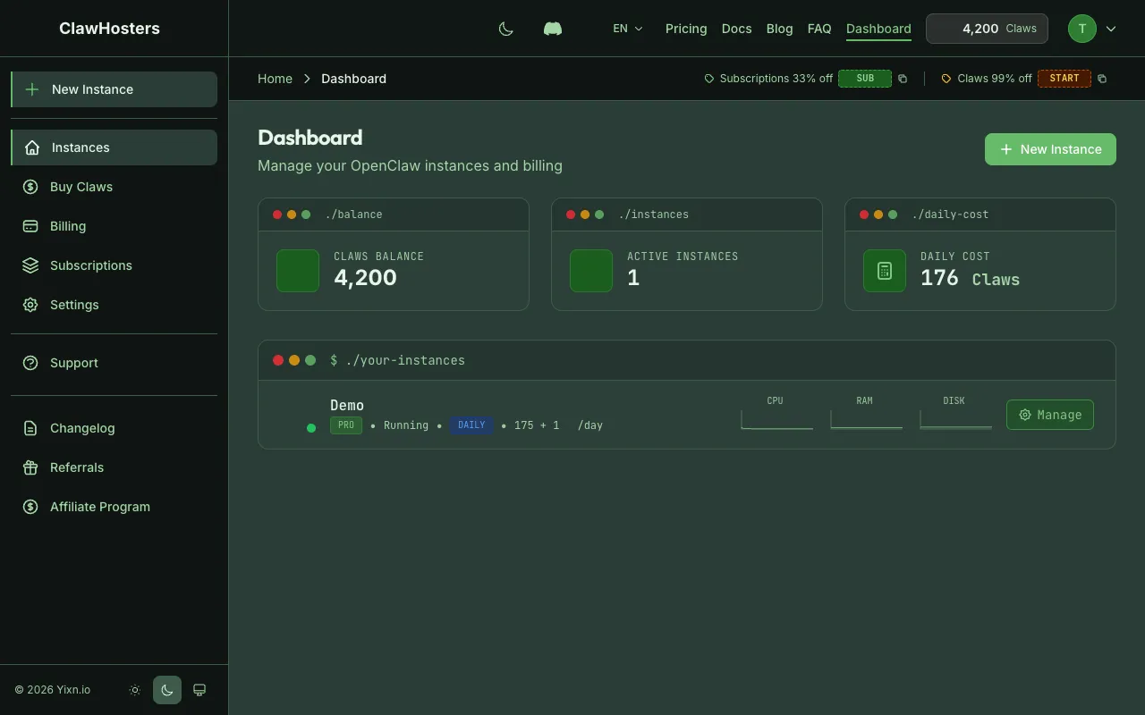 ClawHosters Dashboard in Dark Mode