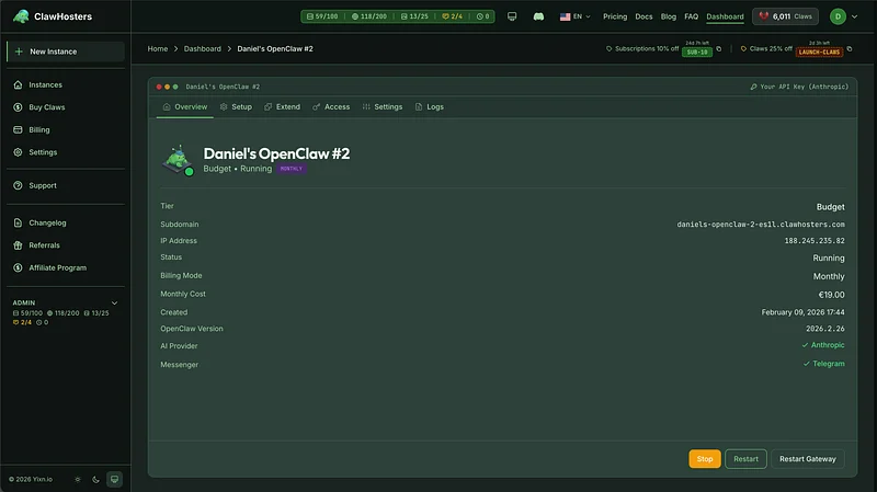 The ClawHosters customer dashboard showing a running OpenClaw instance with subdomain, tier, and provider details