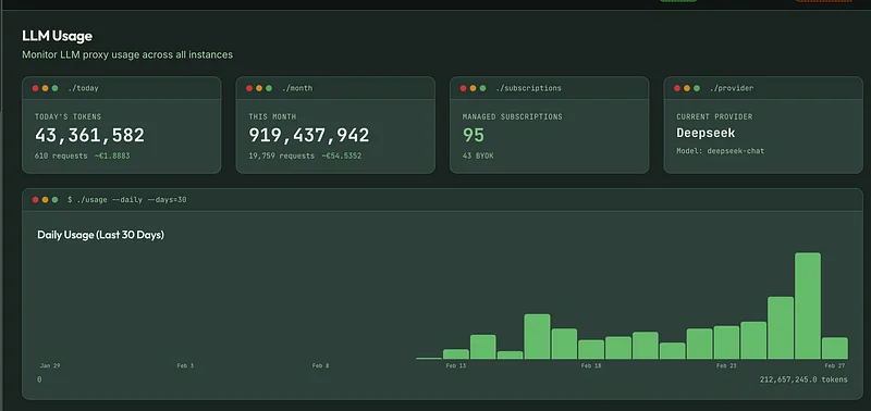 LLM proxy usage dashboard showing 919M tokens processed this month across 95 managed instances