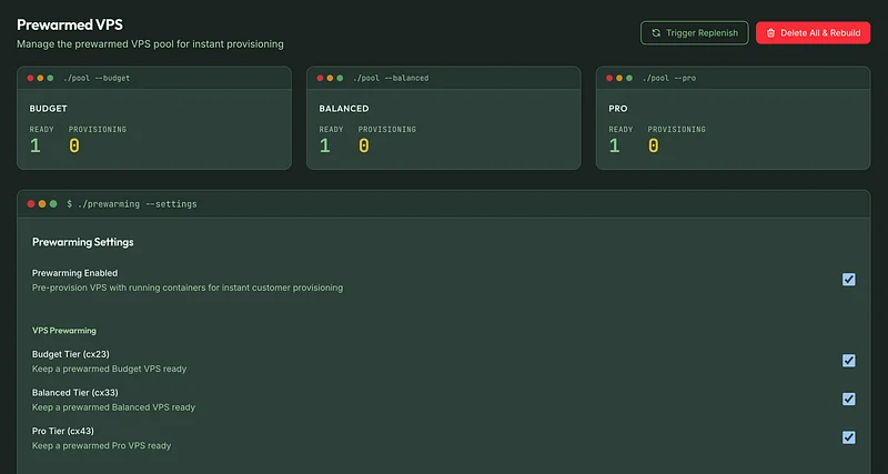 Pre-warmed VPS pool dashboard with per-tier capacity and settings