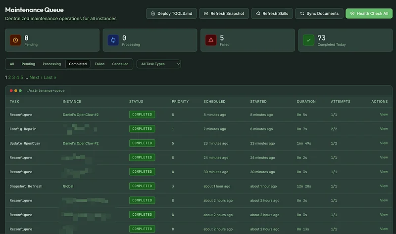 Maintenance queue showing config repairs, updates, and snapshot refreshes with audit trail