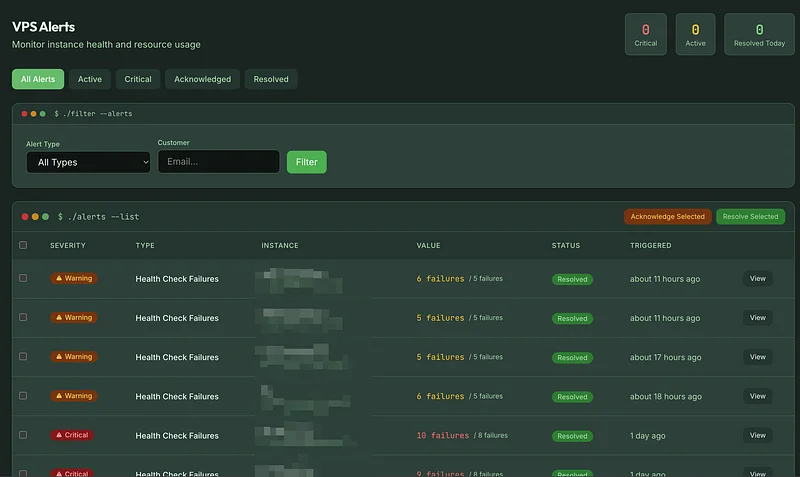 VPS alerts dashboard tracking health check failures across all instances