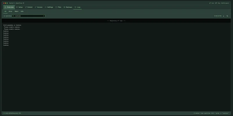 Live Logs tab with real-time log streaming, search filtering, and auto-refresh