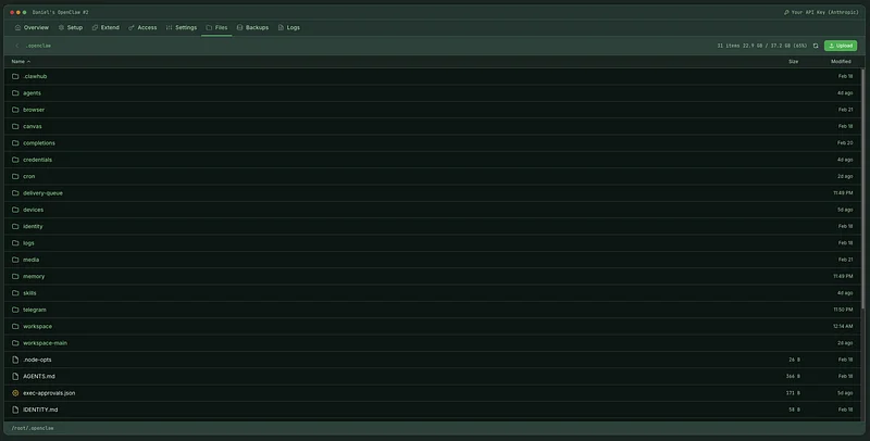 File Explorer showing the .openclaw directory with agents, skills, workspace files and storage usage