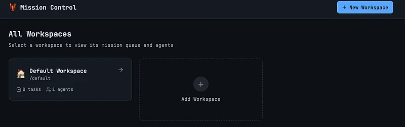 Mission Control workspace overview with tasks and agents