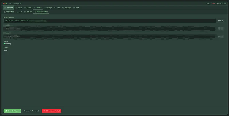 Mission Control settings tab with dashboard URL, status, and version info