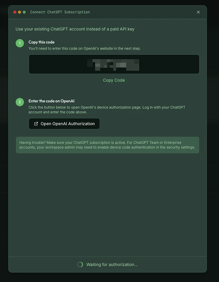 OpenAI Codex OAuth flow: copy code, authorize on OpenAI, and you're connected